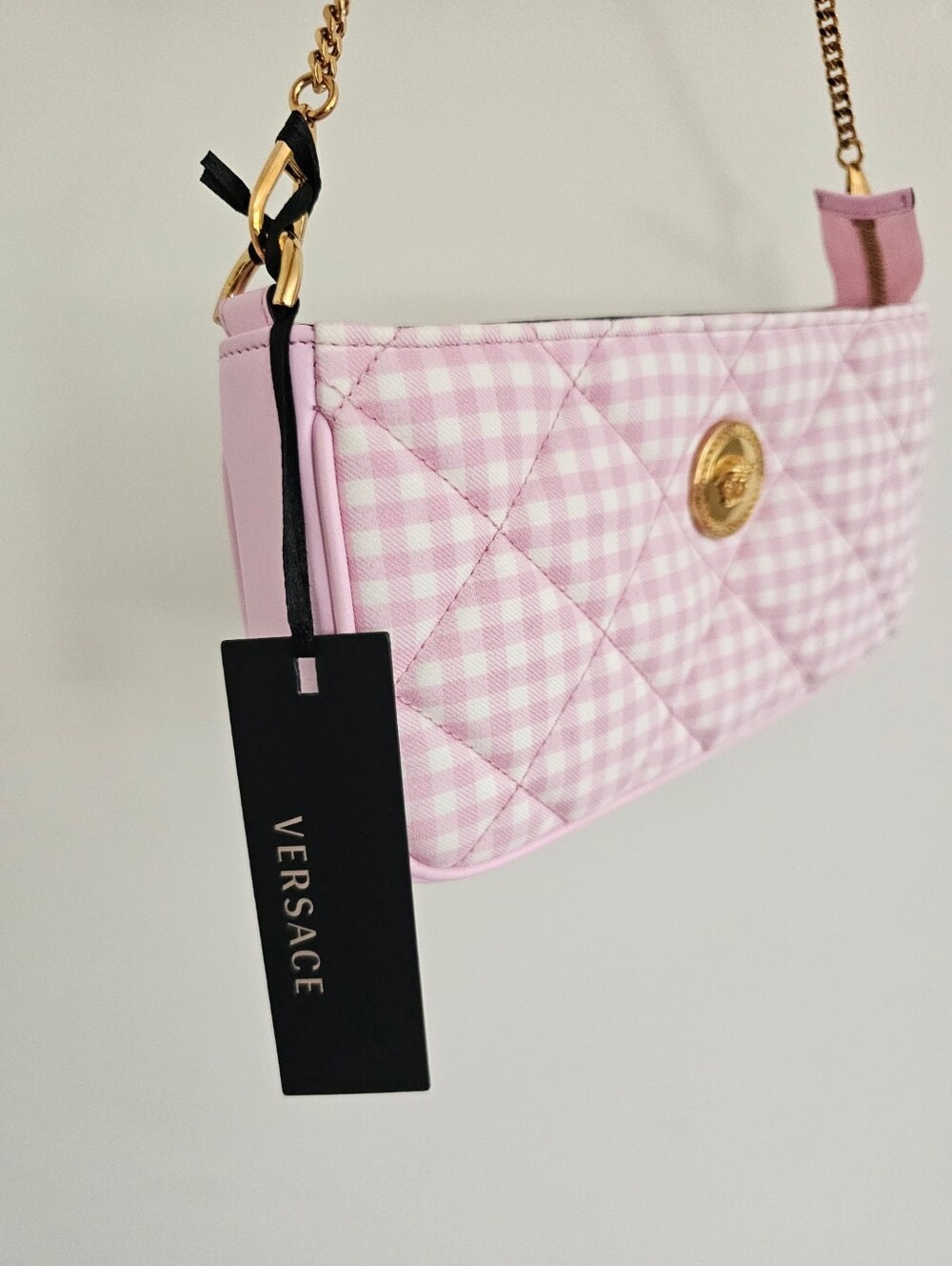 NWT Versace Pink Quilted Gingham Shoulder or Crossbody Bag with Gold Chain - Picture 15 of 16